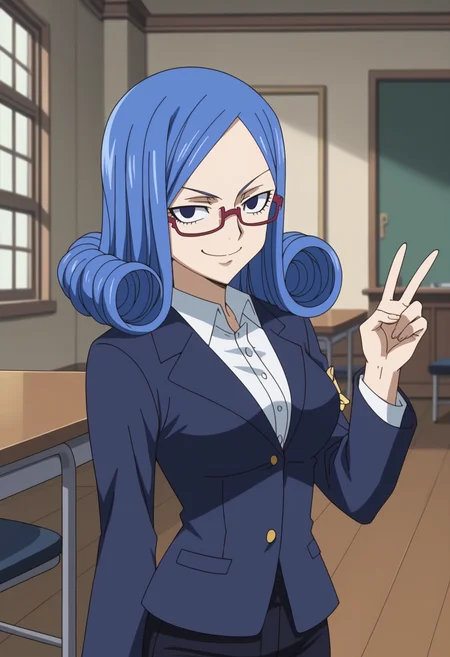 score_9, score_8_up, score_7_up, anime screencap, BREAK, 1girl, (solo:1.2),   <lora:DX888Juvia:1>, juvia lockser, blue hair,  curly hair, blue eyes, short hair,  ,   BREAK   office lady,  white shirt, black pants,  black jacket,  eyeglasses ,  secretary, Making peace sign forward, index and middle fingers extended,  smug,  side smile, lowered eyelids, arrogant smile,  smug smile,
