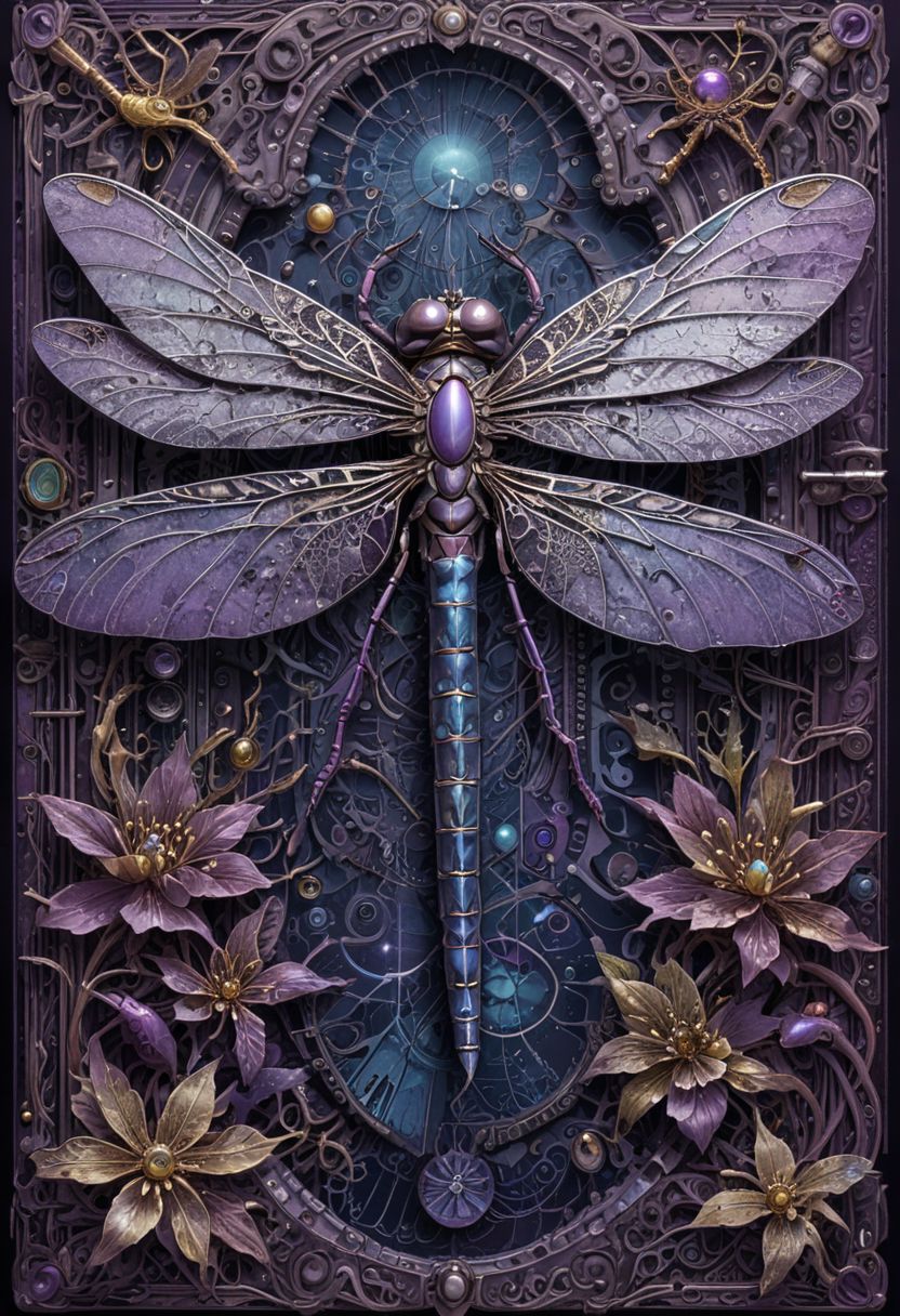 purple ink, silver ink, surrounded with intricate circuitry and jewels, most detailed image of a very high quality masterpiece, glossy surface, vibrant colors, complex composition, volumetric lighting, exquisite detailed features, photorealistic, deep ocean, dark water,  Retro Futuristic Image, dragonfly, entomological diagram