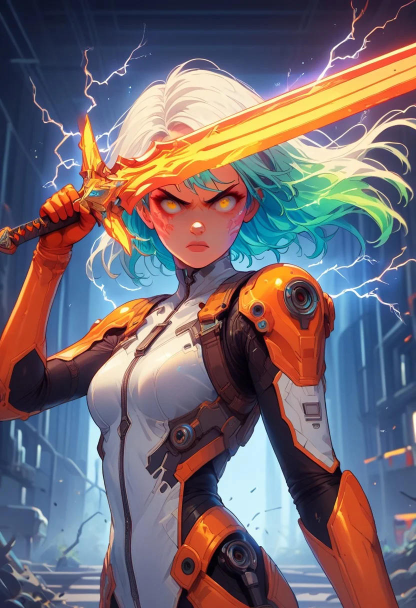 score_9, score_8_up, score_7_up, score_6_up, score_5_up, th3rm4l, (solo), colorful, 1girl, thermal, orange, green, yellow, blue, mechanic, plugsuit, source_anime, dynamic pose, action, holding a sword crackling with neon electric energy, Wielding sword, fighting stance, electricity, upper body, face focus, beautiful face