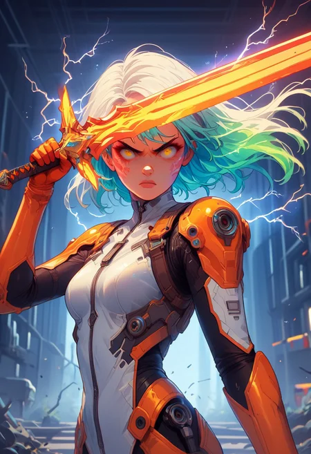 score_9, score_8_up, score_7_up, score_6_up, score_5_up, th3rm4l, (solo), colorful, 1girl, thermal, orange, green, yellow, blue, mechanic, plugsuit, source_anime, dynamic pose, action, holding a sword crackling with neon electric energy, Wielding sword, fighting stance, electricity, upper body, face focus, beautiful face