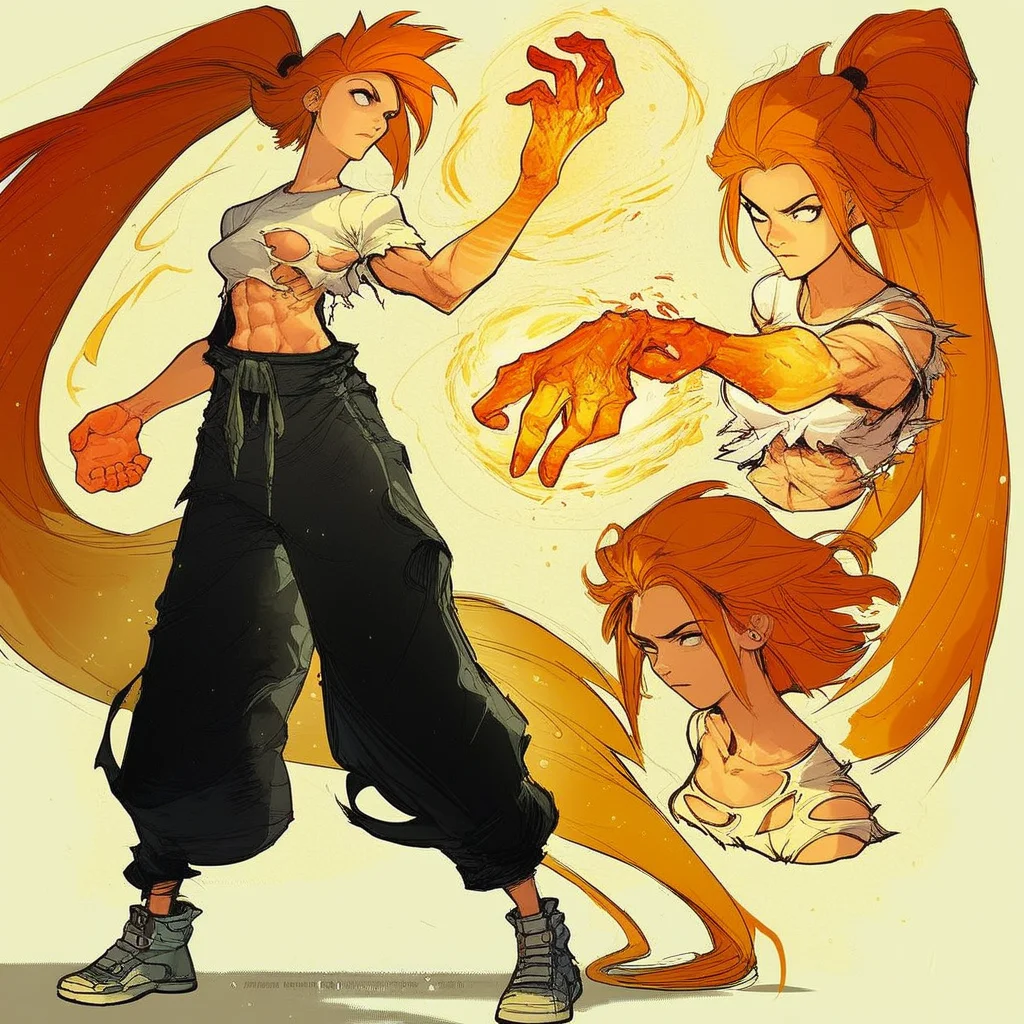 score_9, score_8_up, score_7_up, score_6_up, dynamic character design, 1girl, 30 year old, female focus, fighter, magic, energy coming from hands, athletic build, ripped and torn shirt, baggy pants, really long ponytail, orange hair, perfectly balanced design, mysterious, backlight, sharp shadows and lightparticles, standing, in a forest, random pose, multiple views, random views, concept art, simple background
