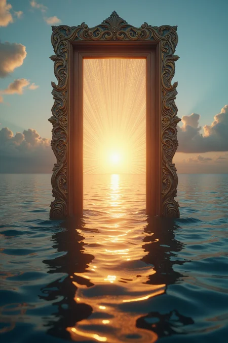 In the middle of a calm, endless ocean, a single ornate wooden door stands upright. The door is slightly open, and through it you can see another world, a vibrant, energy golden light shinins through. The ocean around the door reflects both the shining light and the sky, creating an impossible blend of worlds. The scene is serene, with hyper-detailed textures of the ocean’s surface, the intricate carvings on the door, and the glowing light beyond.