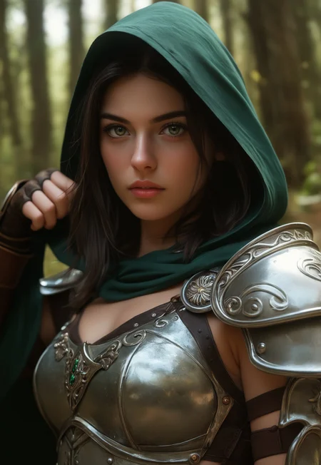 (score_9, score_8_up, score_7_up), beautiful, female, ultrarealistic, soft lighting, 8k, ((perfect face:1.4, eyebrows)), ((facing viewer:1.2, looking at viewer:1.3, face focus, perfect face)), (fantasy, warrior, fantasy warrior, armor, silver armor over green leather, cloak, hood, gorgeous, beautiful, in forest),
(((((upper body, action pose)))))
<lora:Dynamic Poses:1>
<lora:detailed_notrigger:1>
((full clothed))