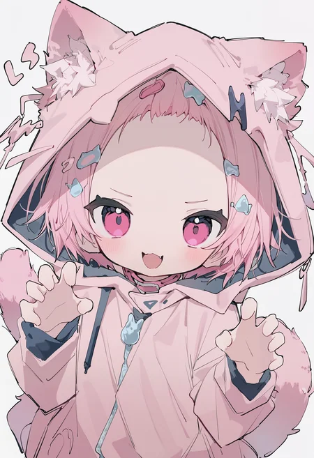 amazing quality, newest, absurdres, hires, chromatic abberation, 1girl, solo, :D, short hair, pink hair, cat girl, cat ears, ear fluff, cat tail, hooded jacket, hood_up, face focus, looking at viewer, hair ornament, forehead, claw pose, pink theme, <lora:NanmoKaken>