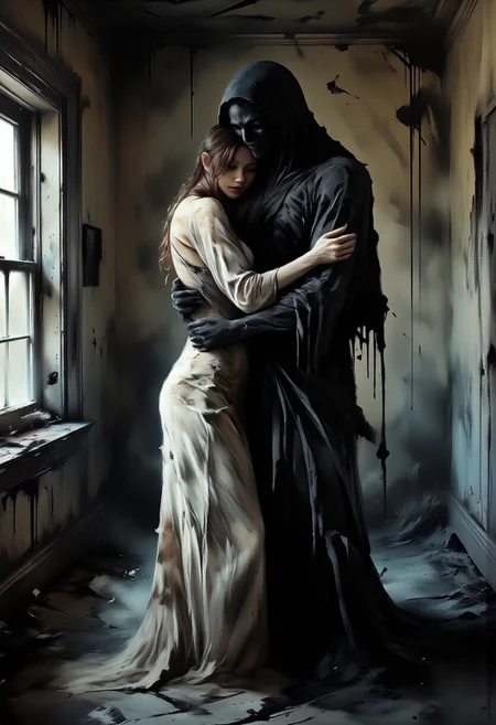 the focus of the picture is a petite-looking, elegant woman. dressed in a slightly dirty, old, white, floor-length dress. the head is slightly lowered. her long hair, somewhat disheveled, falls over her face. Behind her you can see the horror silhouette of a dark looking black apparition. The silhouette combines all the hate, pain and sadness of the woman. The silhouette puts her arms on the woman's body from behind and hugs her. The woman is standing in a room of a dirty, old abandoned house. from side, aidmamj6.1, sh4dowre4lm, uocssh4dowre4lm, shadowrealm, shadow realm, dark, horror, fear, darkest, nightmare, dinkwfsn, DonM5h4d0wM317FX, DDF-Lora