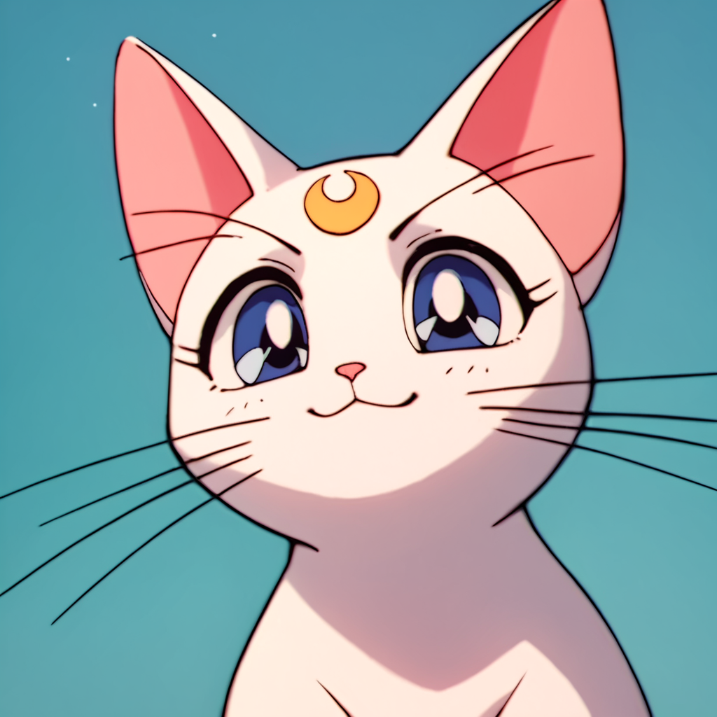 score_9, score_8_up, score_7_up, score_6_up, score_5_up, score_4_up, source_anime, , Artemis, feral, cat, white fur, crescent facial mark, blue eyes, , soft smile, portrait