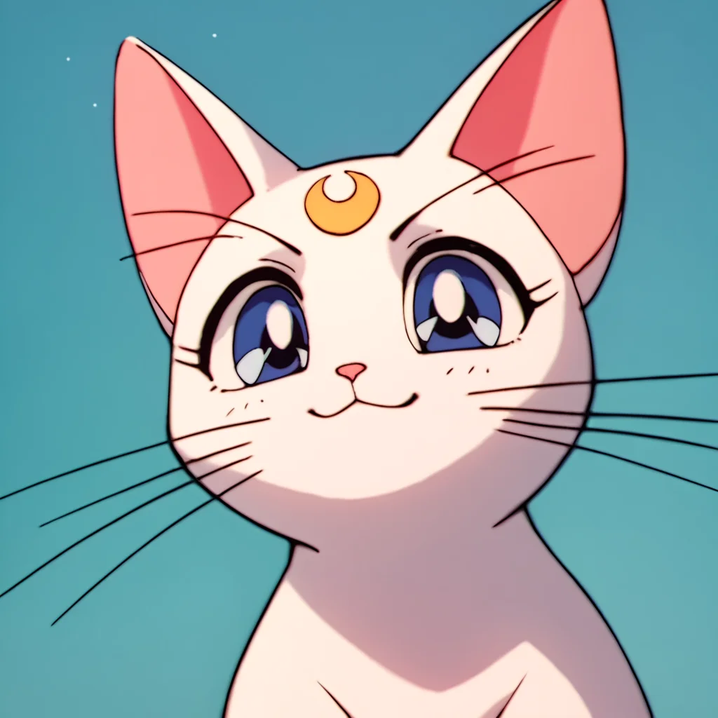score_9, score_8_up, score_7_up, score_6_up, score_5_up, score_4_up, source_anime, , Artemis, feral, cat, white fur, crescent facial mark, blue eyes, , soft smile, portrait