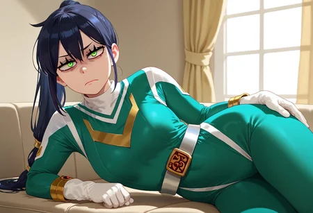 score_9, score_8_up, score_7_up, BREAK,
1girl, solo, sentaisaintforce, green bodysuit, silver belt, white gloves, spandex, m-shaped chest symbol, helmet removed, no headwear, reneegr, black hair, ponytail, sidelocks, long hair, green eyes, jitome, (bags under eyes:1.5), frown, annoyed, tired, looking at viewer, on side, hand on hip, indoors, room, sofa, Expressiveh