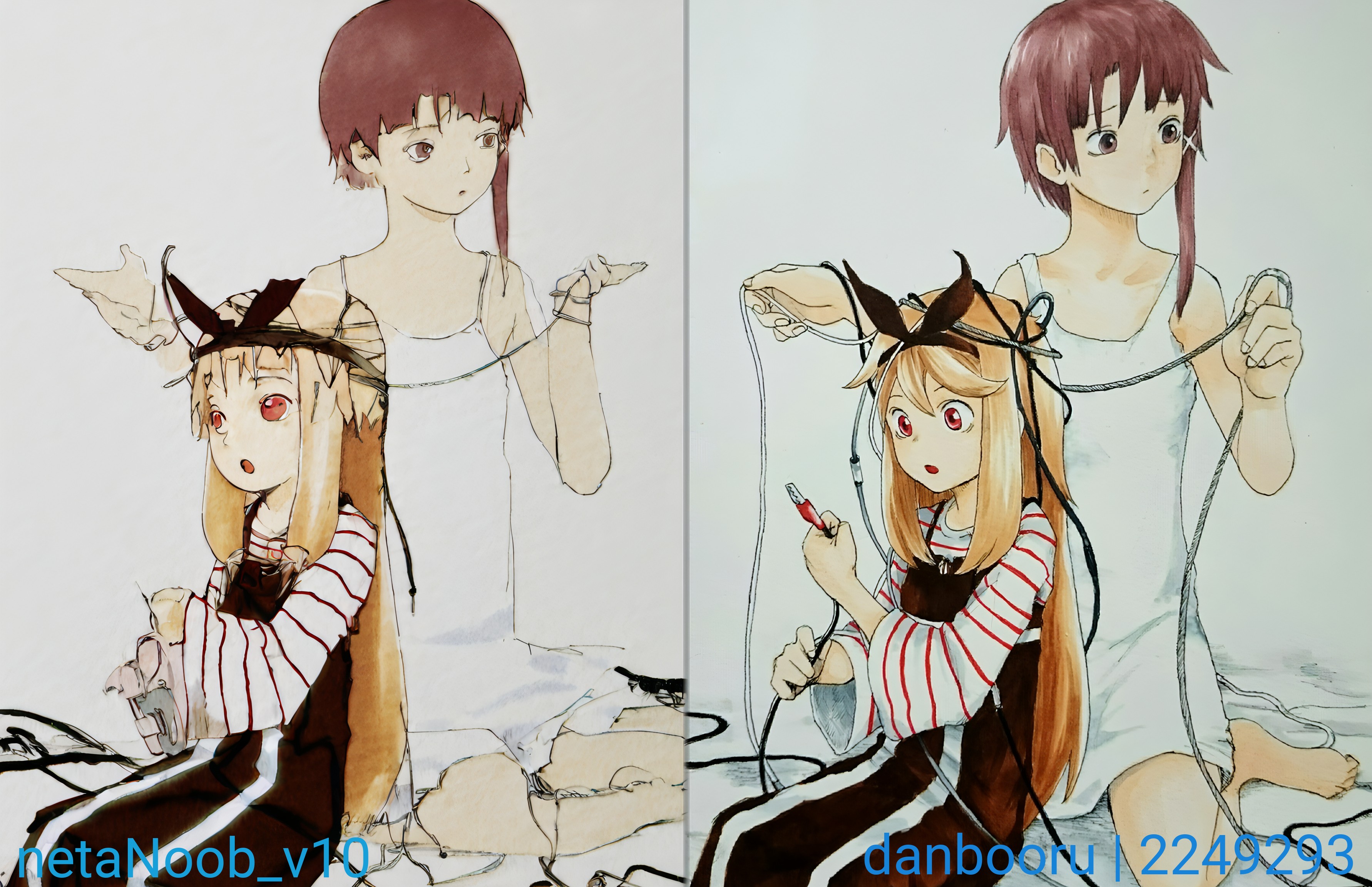 masterpiece, very awa, high quality, 2girls,:o,absurdres,bare arms,barefoot,blonde hair,brown eyes,brown hair,cable,camisole,creator connection,crossover,dress,hair ornament,hair ribbon,hairclip,highres,iwakura lain,long hair,long sleeves,looking away,multiple girls,open mouth,pinafore dress,red eyes,ribbon,ryushika,ryushika ryushika,serial experiments lain,shirt,short hair,sidelocks,sitting,sleeveless,sleeveless dress,striped clothes,striped shirt,third-party source,wariza,yasu \(shijimi 8\), iwakura