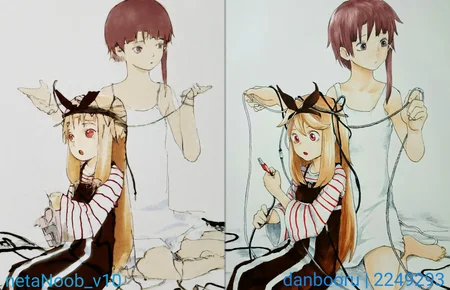 masterpiece, very awa, high quality, 2girls,:o,absurdres,bare arms,barefoot,blonde hair,brown eyes,brown hair,cable,camisole,creator connection,crossover,dress,hair ornament,hair ribbon,hairclip,highres,iwakura lain,long hair,long sleeves,looking away,multiple girls,open mouth,pinafore dress,red eyes,ribbon,ryushika,ryushika ryushika,serial experiments lain,shirt,short hair,sidelocks,sitting,sleeveless,sleeveless dress,striped clothes,striped shirt,third-party source,wariza,yasu \(shijimi 8\), iwakura