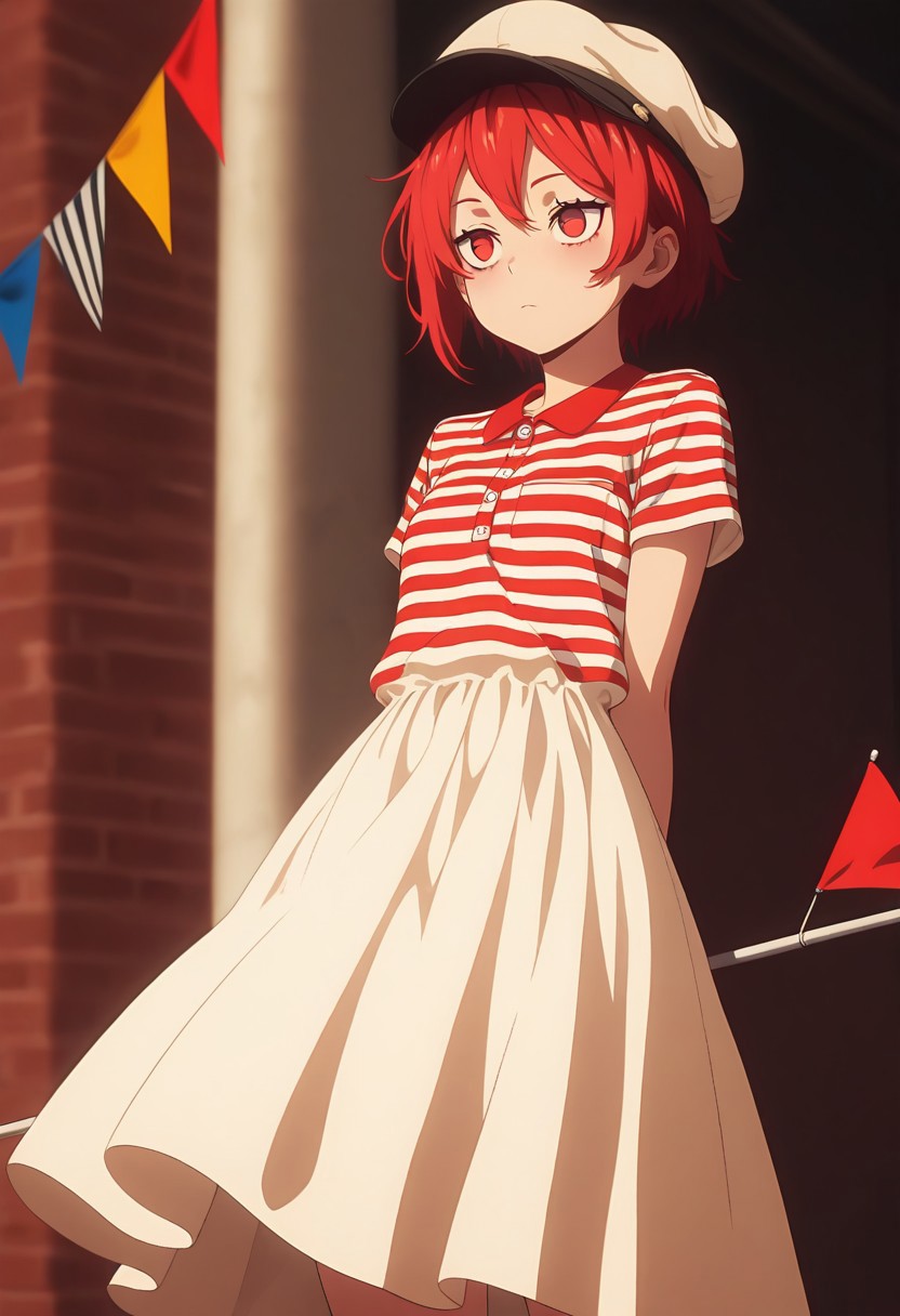 masterpiece, best quality, amazing quality, LDSCH, aesthetic, 1girl, solo, dress, short_hair, red_hair, striped, hat, flag, arms_behind_back, red_eyes, string_of_flags, standing, pennant