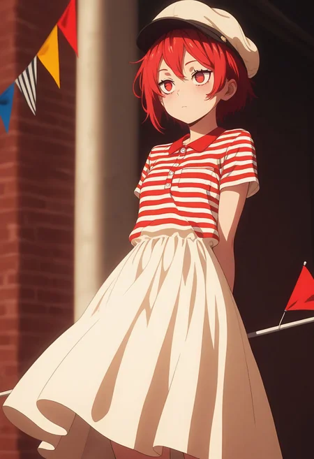 masterpiece, best quality, amazing quality, LDSCH, aesthetic, 1girl, solo, dress, short_hair, red_hair, striped, hat, flag, arms_behind_back, red_eyes, string_of_flags, standing, pennant