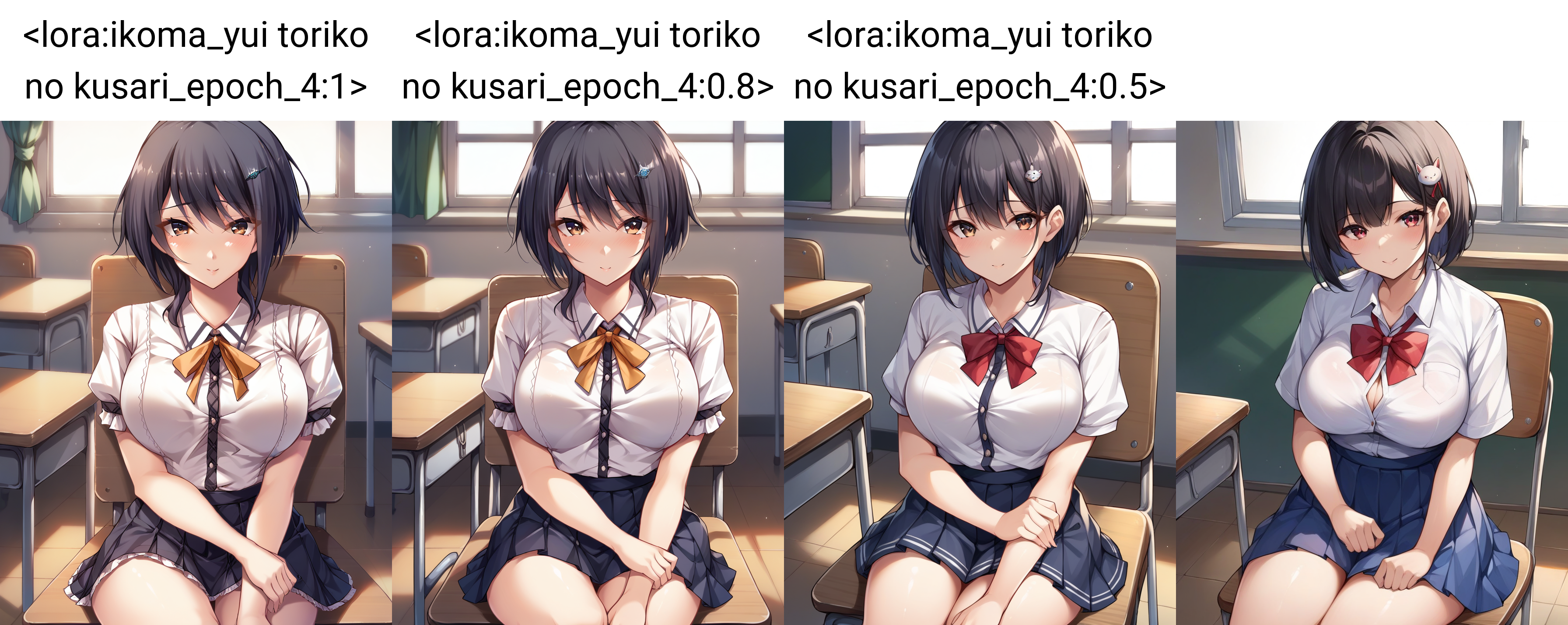 nsfw,<lora:ikoma_yui toriko no kusari_epoch_4:1>,i_yuik,solo,short hair,black hair,hair ornament,brown eyes,large breasts,school uniform,sitting on chair,classroom,, score_9, score_8_up, score_7_up, score_6_up, score_5_up, score_4_up, BREAK source_anime,