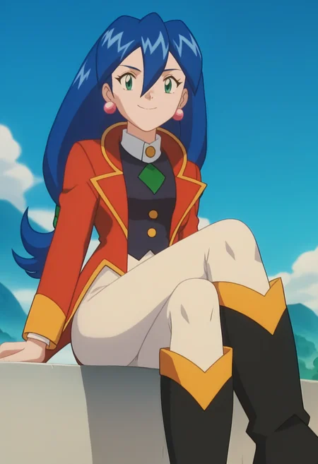 score_9, score_8_up, score_7_up, score_6_up, anime screencap, anime coloring, <lora:PMStella_epoch_10:1>, PMStella, 1girl, solo, blue hair, low-tied long hair, green hair tie, hair between eyes, green eyes, earrings,
red tailcoat, white pants,
knee boots, black footwear,
looking at viewer, smile, sitting, crossed legs, 
BREAK blue sky, sunlight, day, sunbeam,