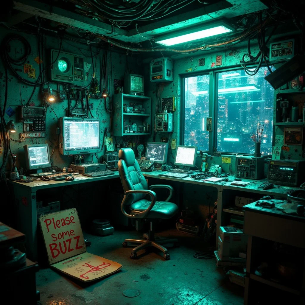futuristic setting. inside a messy cyber-room is a green empty chair. there a futuristic computers and cables everywhere. a cyan glow is outside. in the room there is a futuristic messy table. on the floor there is a folding sign out of cardboard. on the sign is written "Please some buzz"
