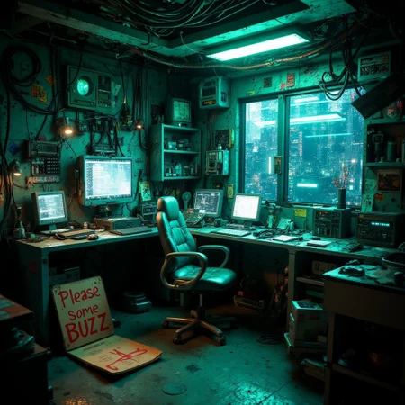 futuristic setting. inside a messy cyber-room is a green empty chair. there a futuristic computers and cables everywhere. a cyan glow is outside. in the room there is a futuristic messy table. on the floor there is a folding sign out of cardboard. on the sign is written "Please some buzz"