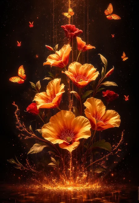 ArsMJStyle, impressionism, Ukiyo-e, A surreal and painterly composition featuring **radiant golden bleeding hearts flowers** and **luminescent, ethereal butterflies glowing with crimson hues** against a pitch-black background. The flowers exude a vivid metallic sheen. The petals are dripping amber nectar. The butterflies pulse with an otherworldly golden-red light, and their wings are traced with intricate fiery patterns.
The atmosphere is enhanced by a dreamy **bokeh effect** that scatters soft glimmers of gold and crimson throughout the composition, creating depth and a sense of quiet wonder. The interplay of **rich golden highlights and deep black shadows** evokes an enchanting, almost mystical ambiance. Subtle embers float in the air, adding a dynamic, surreal quality to the scene.
The overall aesthetic is vivid yet balanced, emphasizing the **contrast between the glowing warmth of the flowers and harshness of the surrounding butterflies**. Rendered in **8K ultra-detail**, the textures are hyper-realistic, while the colors glow with an intense vibrancy, embodying an elegant harmony of surreal beauty and luxurious simplicity.