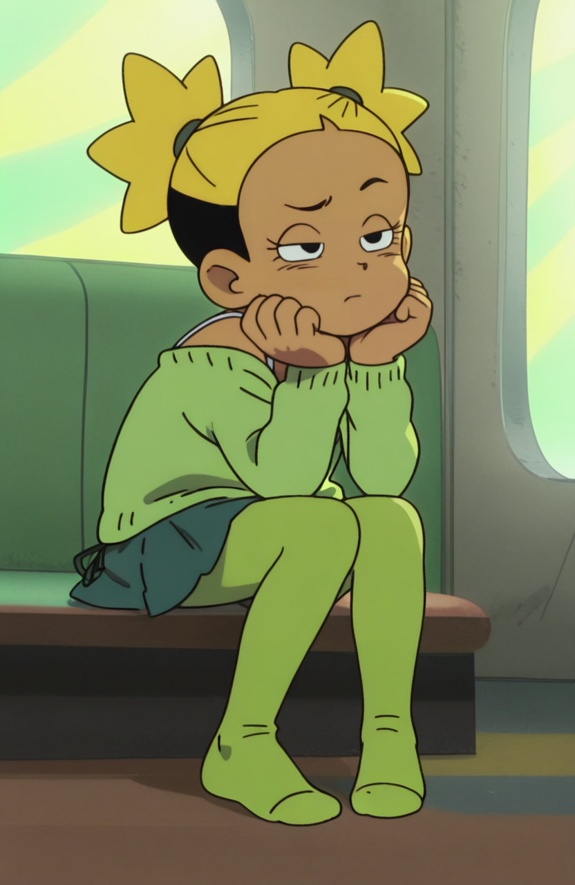 <lora:anatomy_helper:0.8> 1girl, solo, <lora:Broly_v1:0.9> dbsb,
green knit cardigan, spaghetti straps, black side-tie skirt, green pantyhose, no shoes, <lora:3in1_PPP-I-DW-to-be-A-MG_ILv1b:0.7> aik@, short gold hair with black undercut, dark-skinned female,
sunburst background, Resting head on hands, (Squint), extremely detailed, highres, masterpiece, best quality