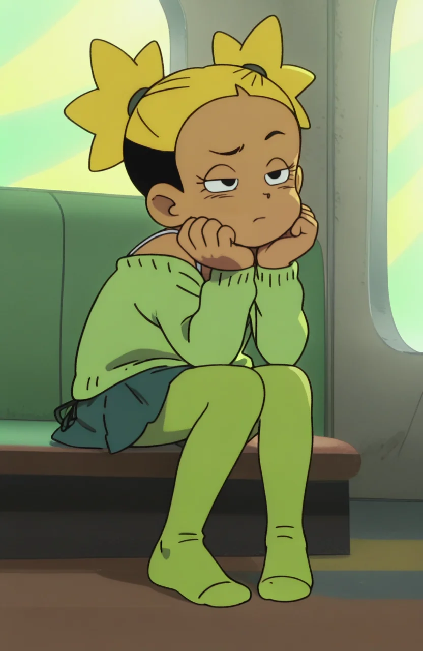 <lora:anatomy_helper:0.8> 1girl, solo, <lora:Broly_v1:0.9> dbsb,
green knit cardigan, spaghetti straps, black side-tie skirt, green pantyhose, no shoes, <lora:3in1_PPP-I-DW-to-be-A-MG_ILv1b:0.7> aik@, short gold hair with black undercut, dark-skinned female,
sunburst background, Resting head on hands, (Squint), extremely detailed, highres, masterpiece, best quality