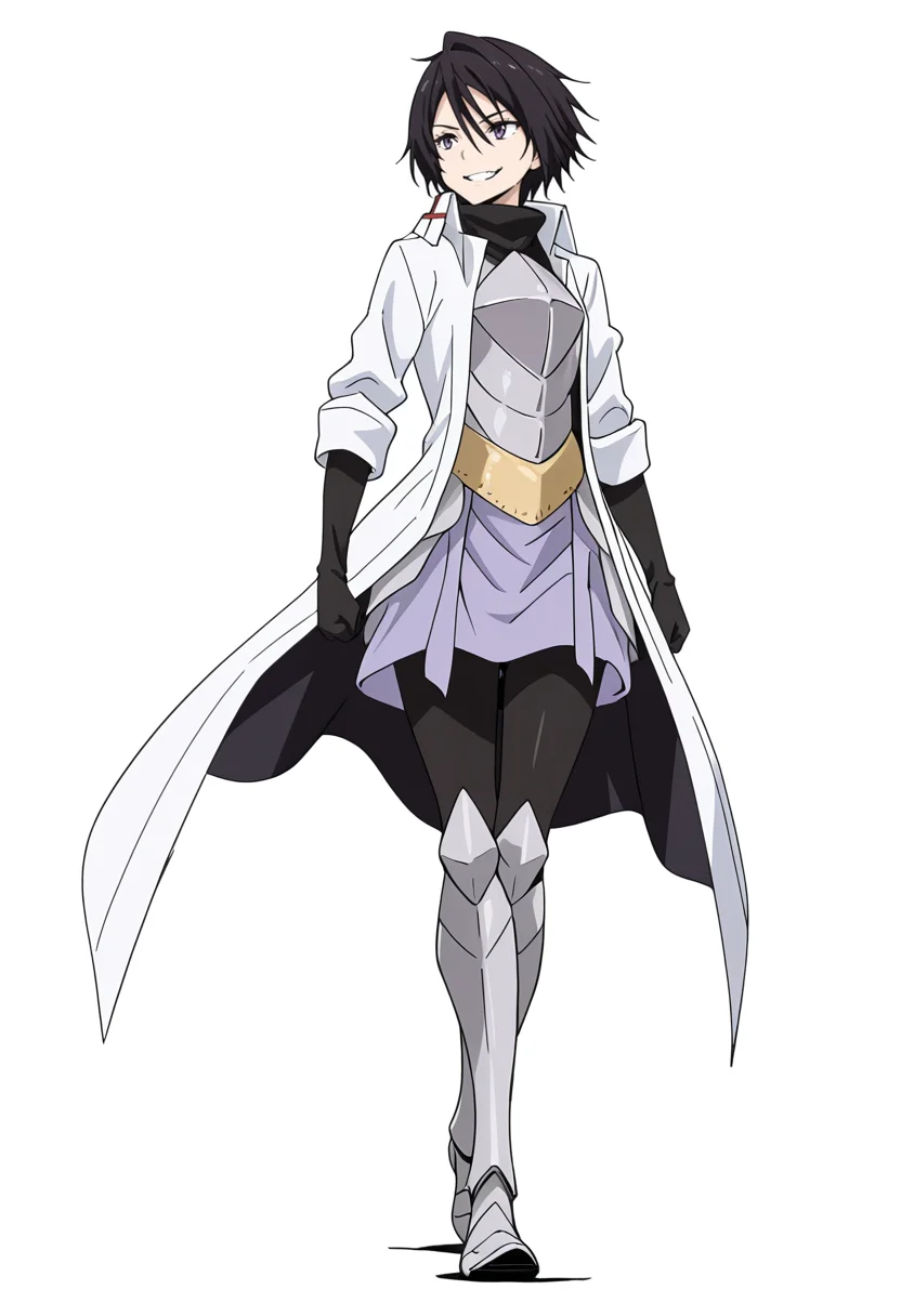 Smooth Quality,masterpiece,very intricate, high quality details, ultra realistic, high detailed skin,detailed enviorement,absurdres,
simple background, white background,solo,
walking, arms swinging, relaxed shoulders, looking forward, natural movement, ,crossed fingers,wavy mouth,evil grin, <lora:Hinata_Sakaguchi_cnn:0.8> hintatacnn, 1girl,black hair, short hair,purple eyes,hair between eyes, saintcnn,black gloves, armor, coat,breastplate, armored boots,