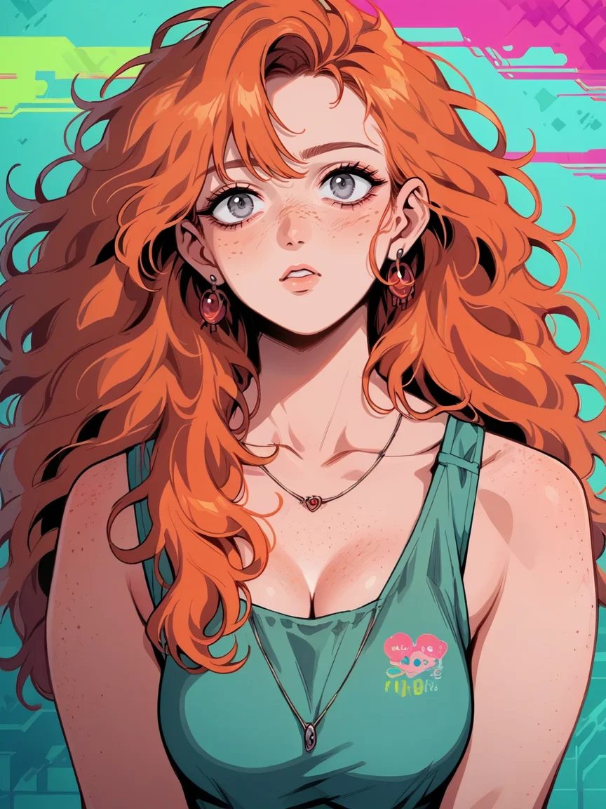 score_9. score_8_up, score_7_up, score_6_up, score_5_up, score_4_up, <lora:90s4n1m3XLP:0.7> 90s4n1m3, 1girl, long hair, Fr3ckles,1girl, freckles, grey eyes, ginger hair, <lora:Fr3ckledXLP:0.5> 1990s, pink, purple, blue, <lora:gl1tchXLP:0.8> gl1tch, glitch, large breasts,