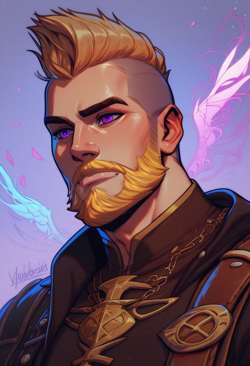 score_9, score_8_up, score_8, score_7_up, score_7, score_6_up, score_6, score_5_up, Score_5, a man, blonde hair, blonde beard, long beard, decorated beard, mohawk, purple eyes, helmet with decorative wings, Viking aesthetic, glowing rune armor, raven, vox machine style, 1boy, male focus, solo, portrait, village background, fantasy, (dynamic lighting:1.1)
((masterpiece))