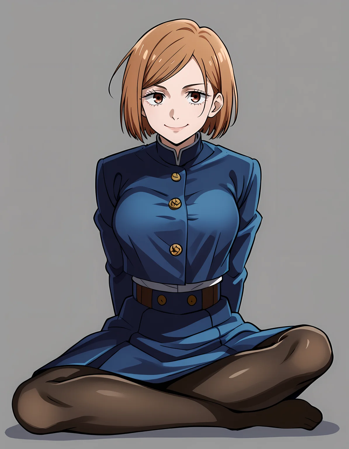 <lora:Nobara_v2:1>1girl, n0bara, jujutsu tech uniform, pantyhose, sitting, smile, simple background