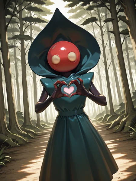 <lora:IL_flatwoods_monster:1>,flatwoods_monster/(Character/),forest,floating,no humans,
claws,dress,hood,blank eyes,dutch angle,heart hands,, masterpiece,best quality,amazing quality,very aesthetic,absurdres,