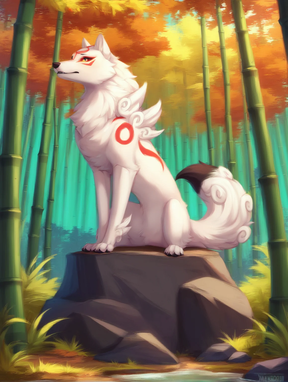 score_6_up, <lora:Amaterasu_Okami_PonyXL_prototype:1> ammyokami, forest, bamboo, (sitting on rock), high detail, dipstick tail, feral, solo
