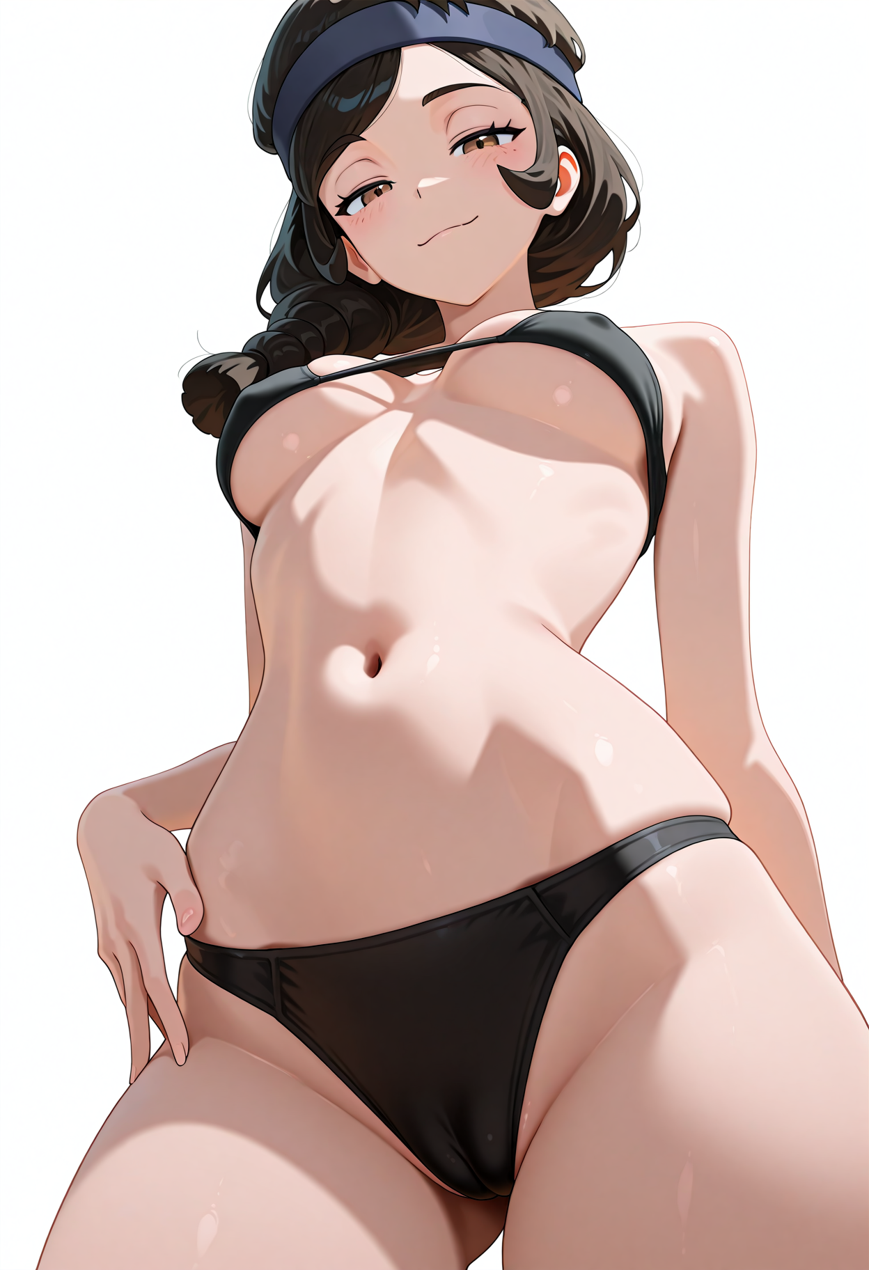 otokakoto, 1girl, solo, backpackerswsh, headband, black underwear, medium breasts, looking at viewer, smirk, stomach, navel, wide hips, hip bones, hand on hip, cameltoe, from below:0.5, white background, absurdres, newest, masterpiece, top quality, official art, best quality, beautiful and aesthetic, very detailed, most detailed, <lora:BackpackerSWSH:1> <lora:otokakotostyleIL:1>