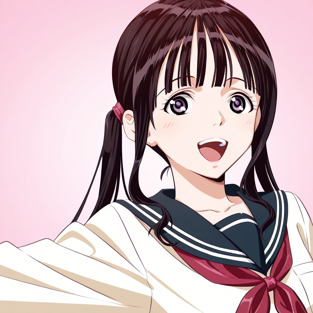 score_9, score_8_up, score_7_up, source_anime,(extremely detailed CG), (best quality), twintails,Smile,serafuku,
1girl, solo, brown hair, pink background, open mouth, purple eyes, long hair, simple background, upperbody,looking at viewer,kaede
 <lora:ss-brain:0.9>