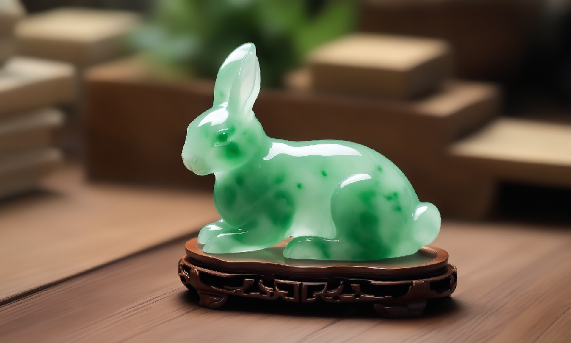 ethereal fantasy concept art of  <lora:jadeitecarvingcd_xl-000006:0.6>,a statue of a hare made of (green jadeite, transparent) on floor,tilt-shift,miniature,jadeitecarvingcd_xl with green theme,no humans,long-focus,indoors,chinese zodiac,wooden table,cutie,cute,still life,animal statue,front view,facing viewer,looking at viewer . magnificent, celestial, ethereal, painterly, epic, majestic, magical, fantasy art, cover art, dreamy