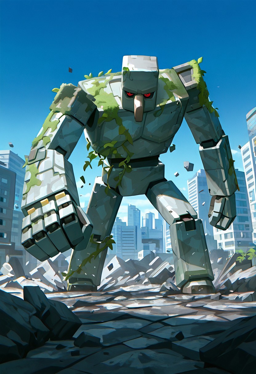 masterpiece, best quality, amazing quality, very aesthetic, absurdres, newest, cinematic, movie scene, foreground blur, volumetric lighting,  
ironglem, no humans, red eyes, black sclera, red pupils,  standing, solo, robot, big nose, long nose, no mouth, plant, grey metal body, vines, mecha, moss, ,  thick gray monobrow, 
punching ground, ground slam, shattered ground, debris, city, blue sky, daytime, bright day,