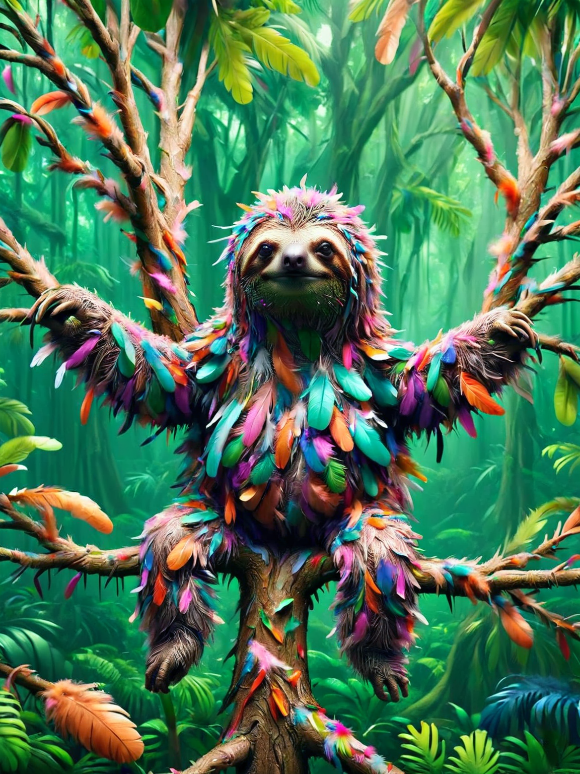 ais-featherz sloth in a tree <lora:Feathers_Glue_SDXL:1>