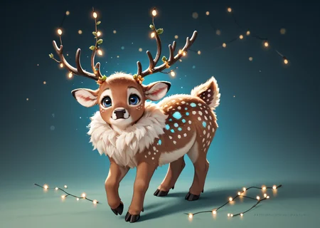 score_9, score_8_up, score_7_up, score_6_up, score_5_up, score_4_up, detailed, realistic, illustration, 8k, deer with glowing antlers decorated with fairy lights (cute furry feral:1.2), source_furry <lora:Animal_Christmas:0.8> animal christmas
