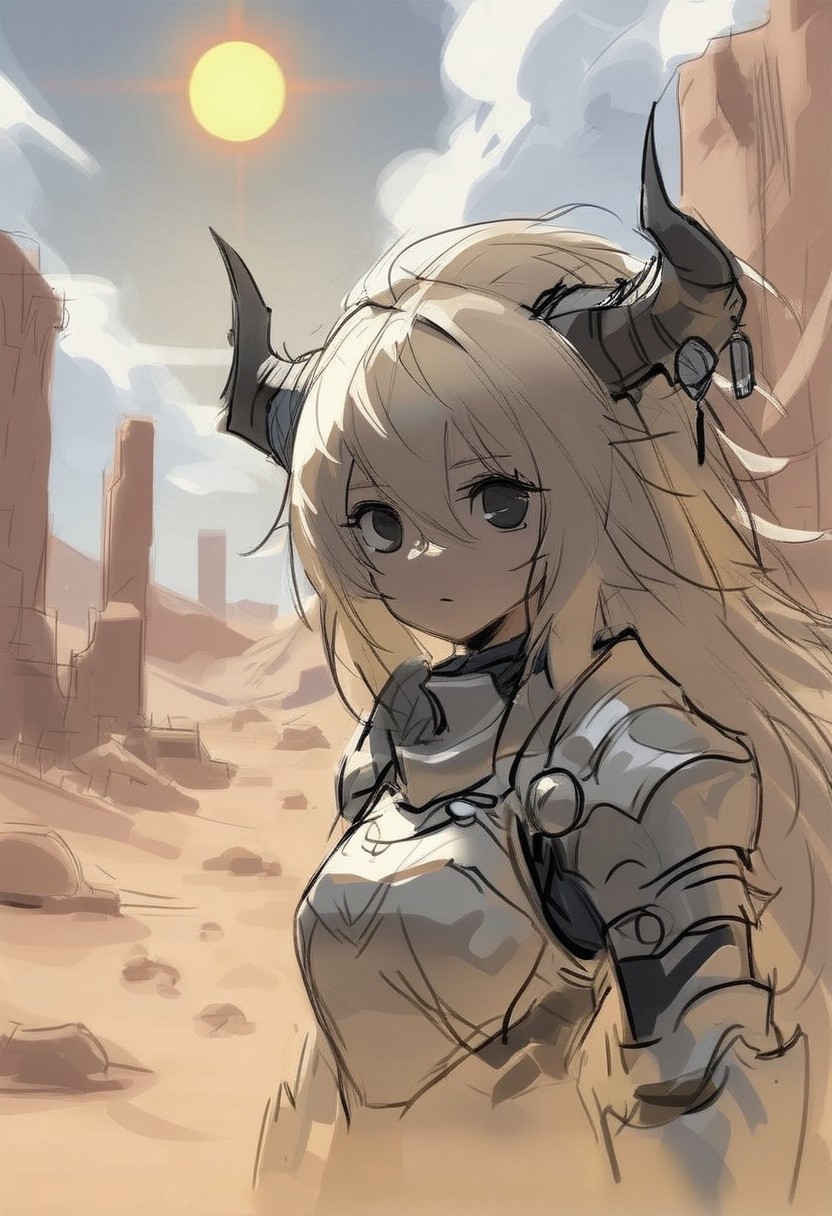 concept art, sketch, best quality, 1girl, armor, desert, horns, detailed eyes, black eyes, sun, portrait, ruins