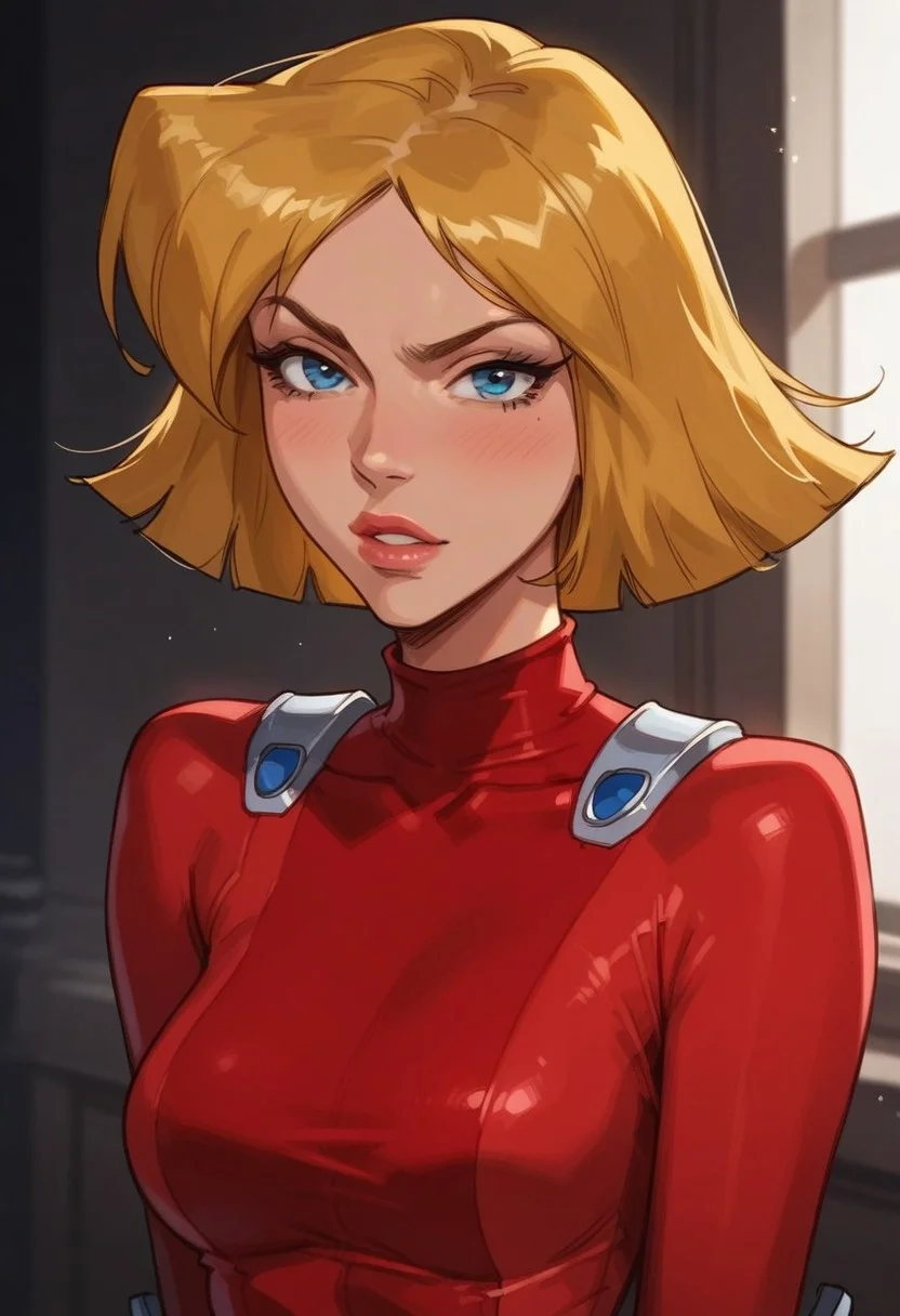 masterpiece,best quality, highly detailed, score_9, score_8_up, score_7_up, score_6_up, source_cartoon, BREAK, 1 girl, cloverts, \(totally spies\), blonde hair, blue eyes, red bodysuit