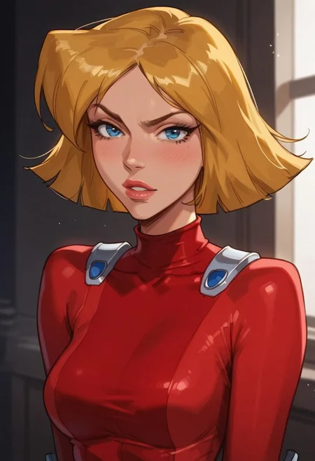 masterpiece,best quality, highly detailed, score_9, score_8_up, score_7_up, score_6_up, source_cartoon, BREAK, 1 girl, cloverts, \(totally spies\), blonde hair, blue eyes, red bodysuit