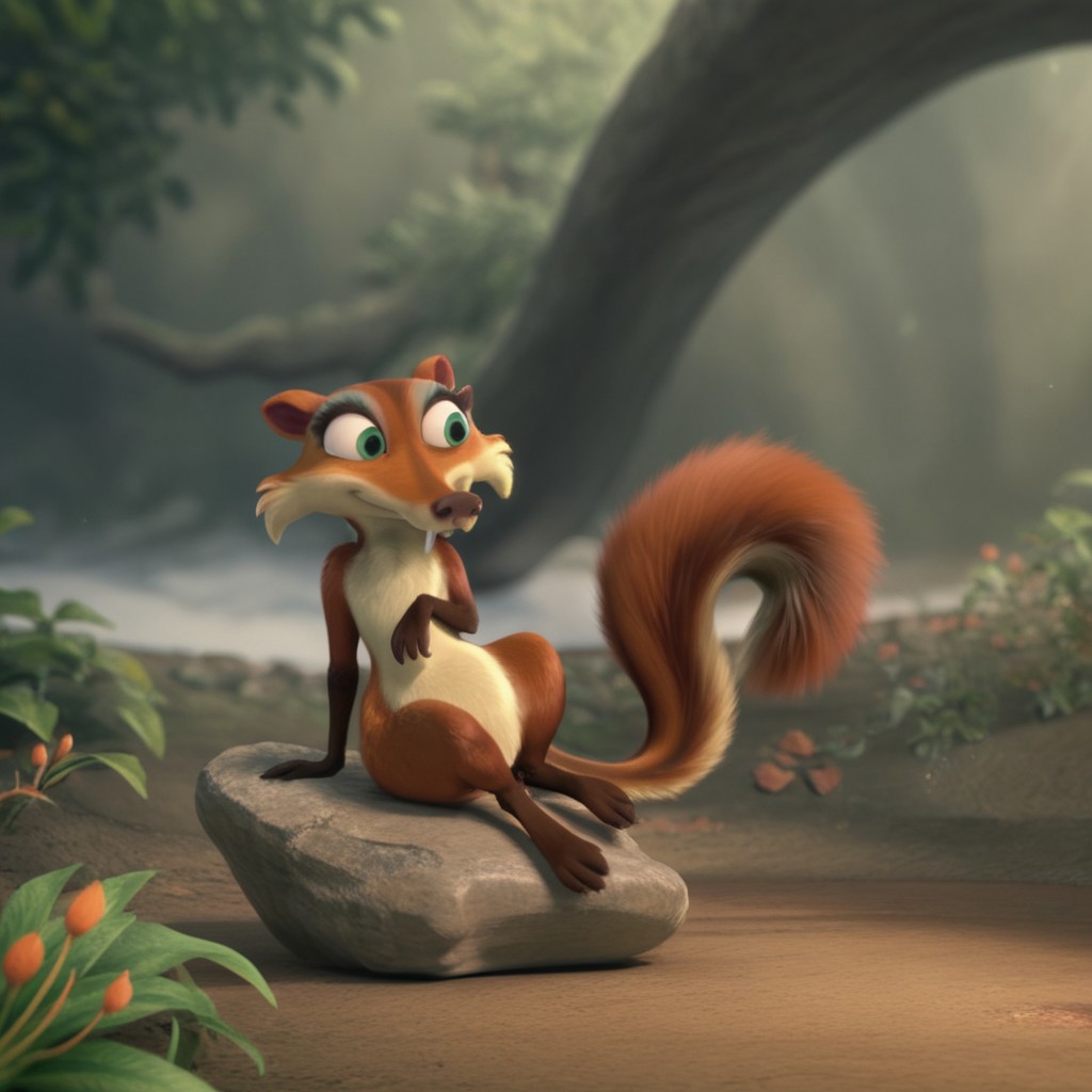 score_9, score_8_up, score_7_up, score_6_up, score_5_up, score_4_up, source_furry, Scrattedotd, semi-anthro, female, squirrel, orange-brown fur, green eyes, fangs, outside, sitting, on a rock, leaking back, crossed legs
