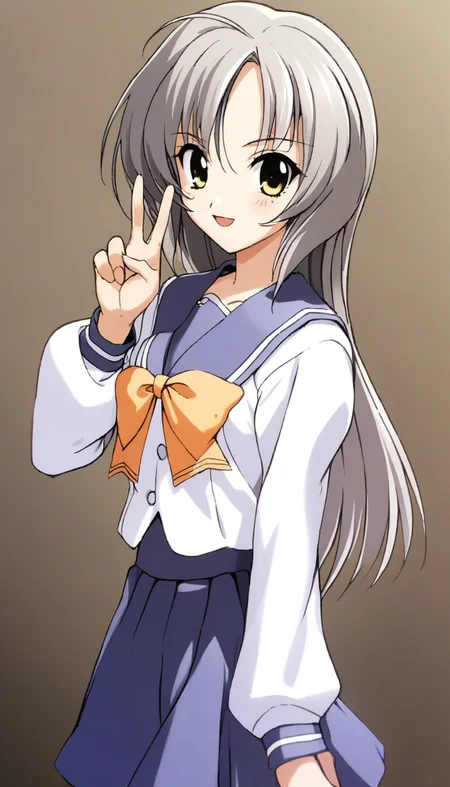 1girl,shion,long sleeves sumisora uniform,longshion,masterpiece,best quality,solo,very aesthetic,absurdres,game cg,simple background,white background,cowboy shot,upper body,close up,smile,looking at viewer,(illustration:1.2),(extremely fine and beautiful),(perfect details),(unity CG 8K wallpaper:1.05),(ray tracing),(beautiful and clear background:1.25),(depth of field:0.6),(beautiful face:1.2),<lora:MemoriesOffDuetAIOXL-000006:0.8>,from side,open mouth,v,