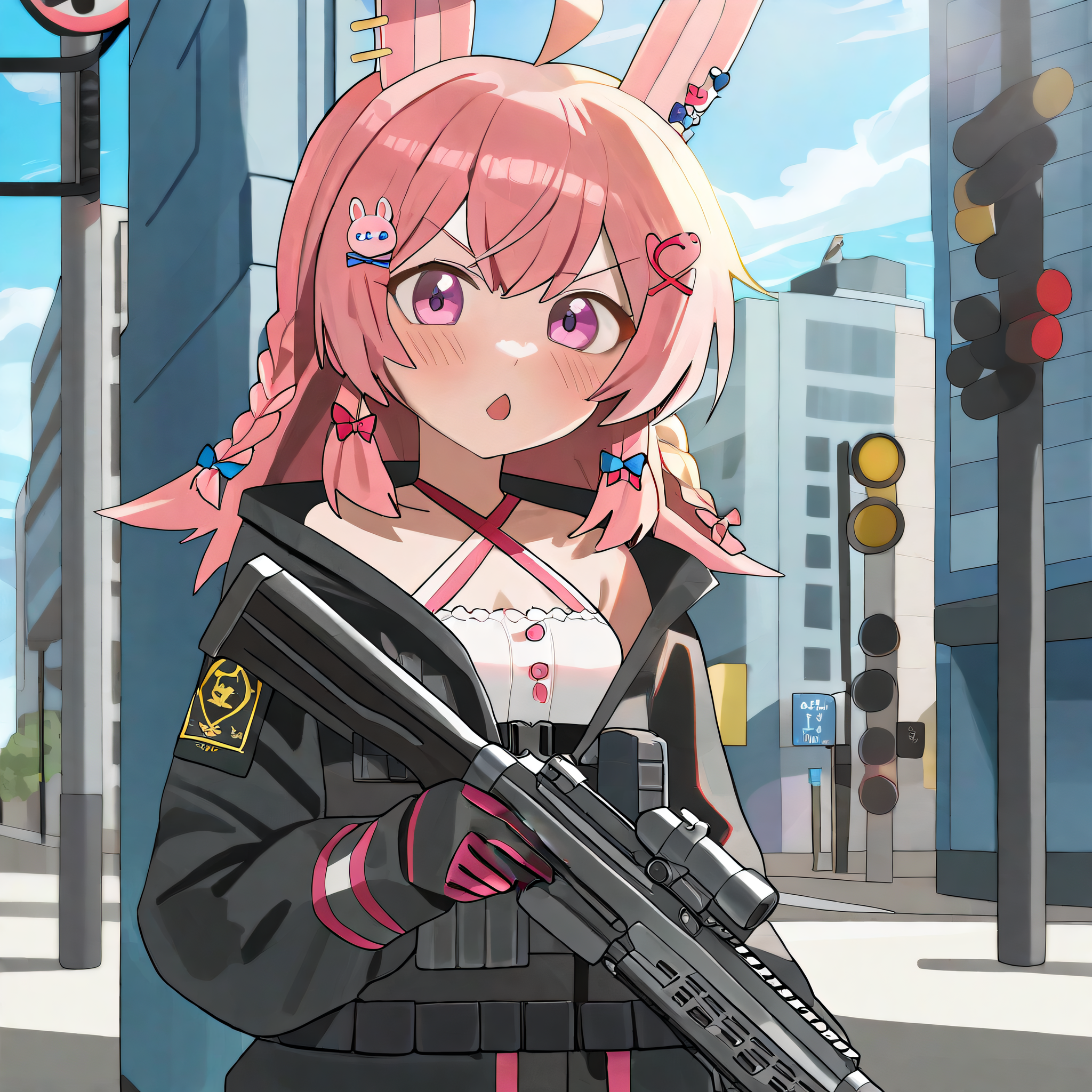 by ndgd, 2D anime, pipkin pippa, 1girl, solo, animal  ears, pink eyes, pink hair, long hair, blush, bangs, ahoge, hairclips, hair ornament, braid, (flat chest:1.5), tactical, gloves, holding a gun, full body, \:3, nom
 <lora:pipkin_pippa_XL:1.5>