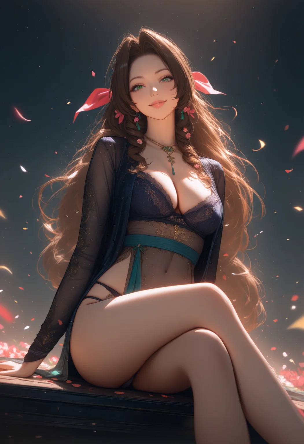 1girl,  1girl,aerith gainsborough,bra,breasts,brown hair,cleavage,confetti,crossed legs,green eyes,hair ribbon,light particles,long hair,looking at viewer,night,panties,petals,ribbon,sitting,smile,solo,star \(sky\),starry sky,underwear,Fan Qi,ultra realistic digital art,a detailed drawing,sots art,. ,masterpiece,high score,great score,absurdres,, <lora:Waifu Style-Du Qiong:0.25>,Du Qiong,, <lora:Dark Concept Art-000005:0.0>,dark aura,dark,