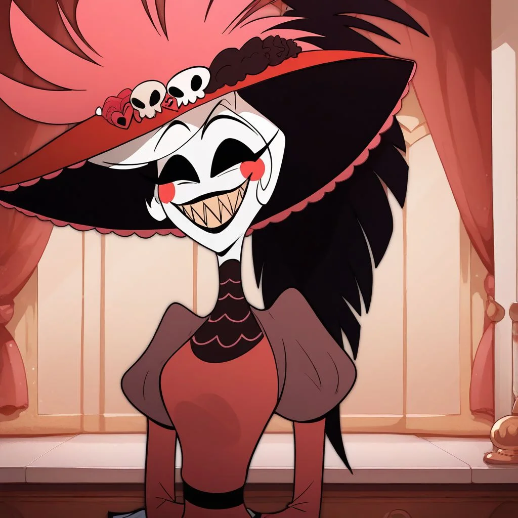 score_9, score_8_up, score_8, masterpiece, best quality, highly detailed, detailed face, 1girl, rosie from hazbin hotel, red dress, hat, grin, all-black eyes, no irises, no pupils ,smile, wide hips, black teeths, upper body, <lora:add-detail-xl:1>, lilandavastyle,