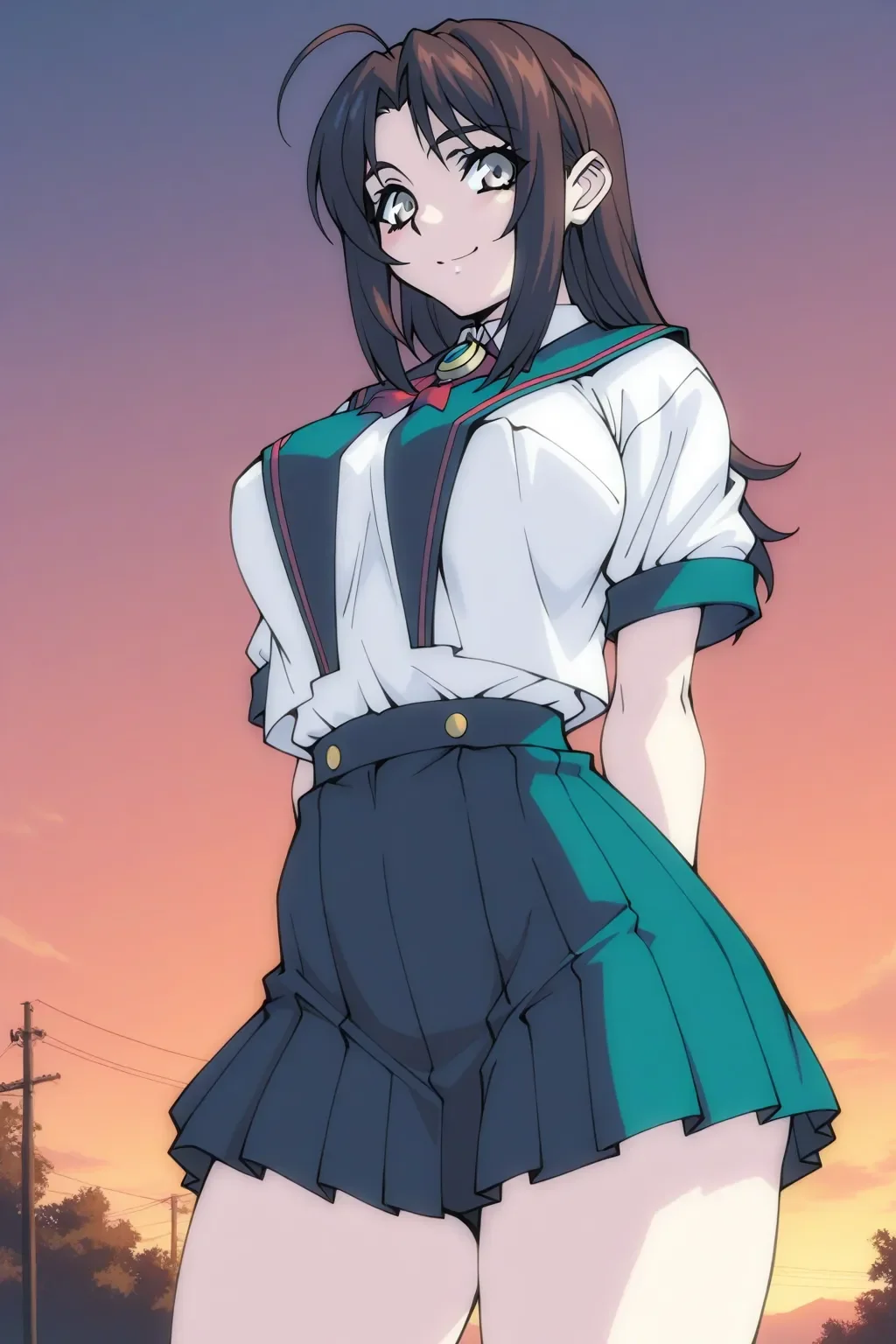 <lora:ab_mob1_ilxl-000030:0.9>masterpiece, best quality, ab_mob1_ilxl, 1girl, solo, looking at viewer, smile, school uniform, deep grey eyes, cowboy shot, at dusk, outdoors, oobari masami \(style\), arms behind back,