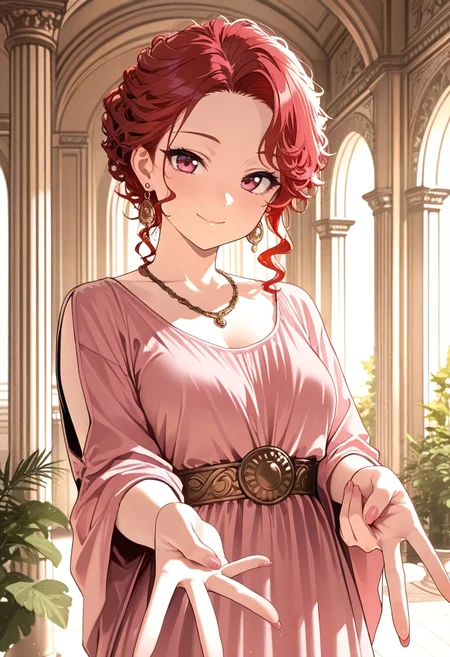 Smooth_Quality, masterpiece, best quality, highres, absurdres, romanfashion, 1girl, solo, gyaru v,  smile, red hair, curls,  pink dress, jewelry, necklace, split sleeves, earrings, inside, roman villa, columns, plants, roman murals, motion lines, <lora:roman_fashion:0.8>