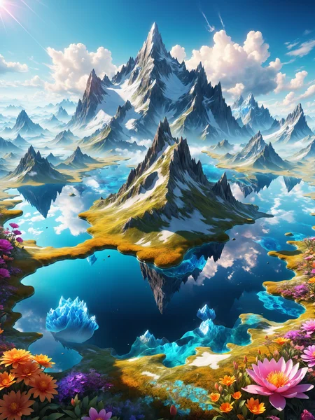 realistic and detailed digital art of a surreal landscape with floating mountains, vibrant and glowing flora, high-definition textures, accurate lighting and shadow, ultra HD, 8k resolution, glossy and reflective surfaces, intricate details, perfect lighting, dynamic composition