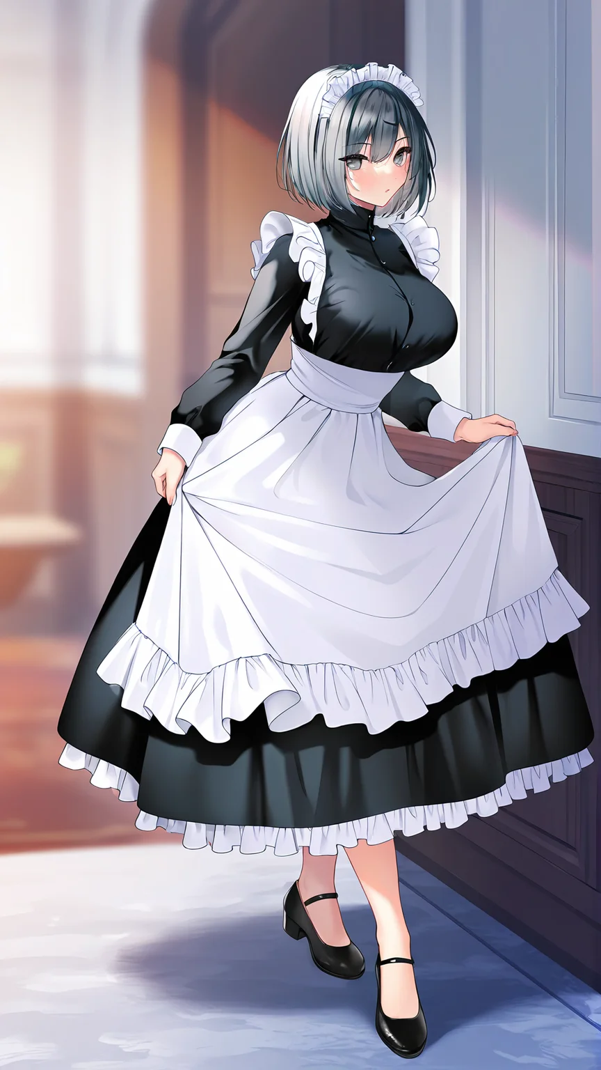 amazing quality,absurdres,best quality,masterpiece,highres,newest,detailed,detailed body,detailed face,masterpiece,best quality,solo,
sayori,1girl,solo,maid,maid headdress,breasts,apron,long sleeves,black footwear,short hair,grey eyes,black dress,grey hair,frills,<lora:sayori:0.8>,