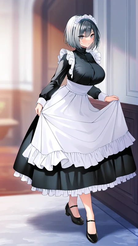 amazing quality,absurdres,best quality,masterpiece,highres,newest,detailed,detailed body,detailed face,masterpiece,best quality,solo,
sayori,1girl,solo,maid,maid headdress,breasts,apron,long sleeves,black footwear,short hair,grey eyes,black dress,grey hair,frills,<lora:sayori:0.8>,