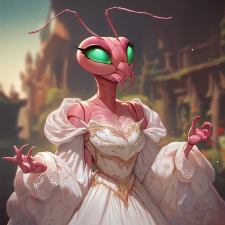 (((beautiful, high quality))), score_9, score_8_up, score_7_up, Thri Kreen, furry insect, colored sclera, beetle antennae, 2 pairs of hands, 1girl, green eyes, pink chitin, white dress, fantasy background, blurred background