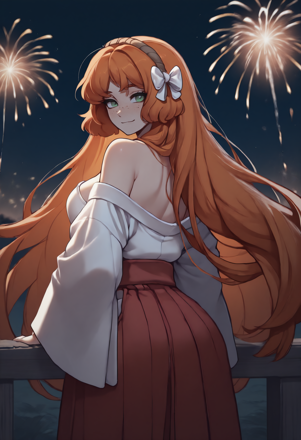 anime, masterpiece, best quality, from behind, solo, 1girl, ihml, freckles, slight smile, looking back, long hair, orange hair, sidelocks, hair bow, white bow, brown hairband, green eyes, japanese clothes, white kimono, off shoulder, red hakama, bare shoulders, outdoors, night, fireworks
<segment:yolo-Anzhc Face seg 640 v2 y8n.pt,0.4,0.5//cid=1>